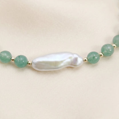 Green aventurine necklace with 14K gold filled beads and a baroque freshwater pearl 