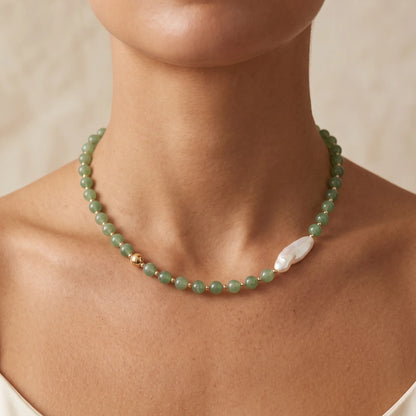 Green aventurine necklace with 14K gold filled beads and a baroque freshwater pearl 