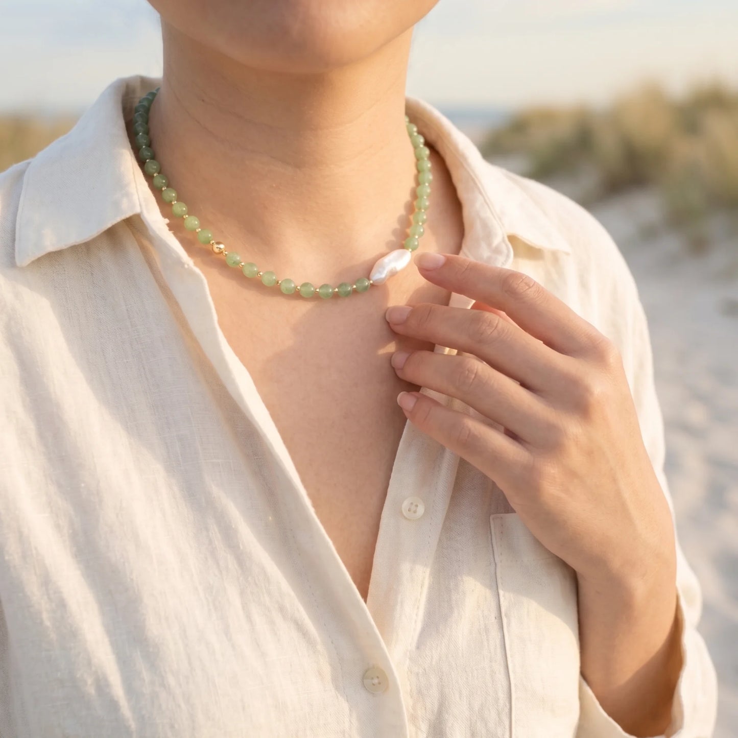 Green aventurine necklace with 14K gold filled beads and a baroque freshwater pearl 