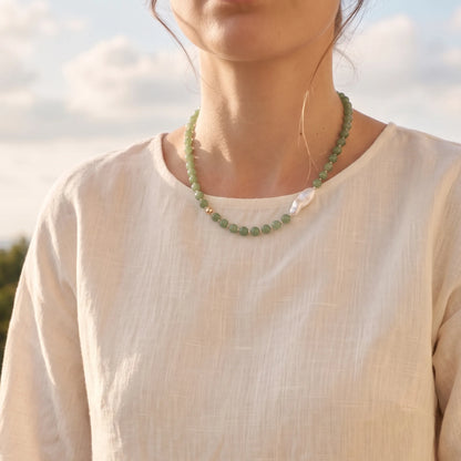 Green aventurine necklace with 14K gold filled beads and a baroque freshwater pearl 