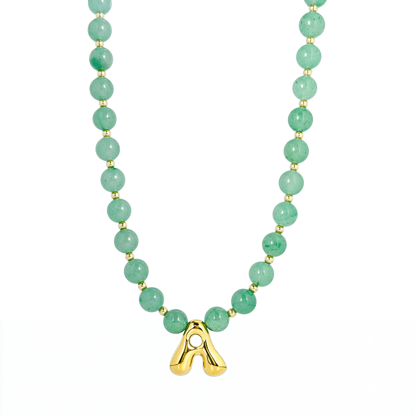 Green aventurine beaded necklace with gold bubble initial pendant & gold filled beads MXW Jewellery