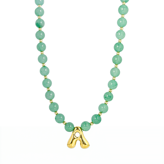 Green aventurine beaded necklace with gold bubble initial pendant & gold filled beads MXW Jewellery