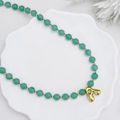 Green aventurine beaded necklace with gold bubble initial pendant & gold filled beads MXW Jewellery