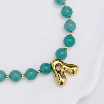 Green aventurine beaded necklace with gold bubble initial pendant & gold filled beads MXW Jewellery