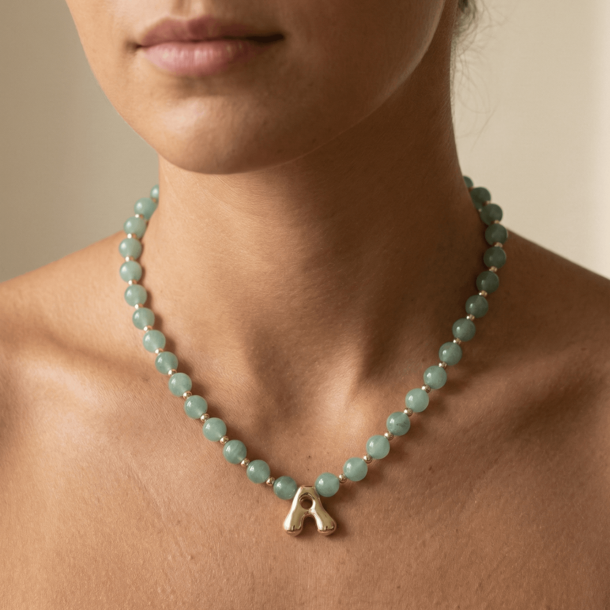 Green aventurine beaded necklace with gold bubble initial pendant & gold filled beads MXW Jewellery