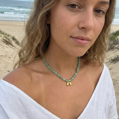 Green aventurine beaded necklace with gold bubble initial pendant & gold filled beads MXW Jewellery