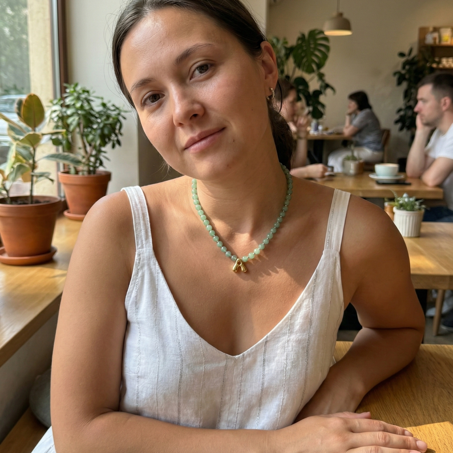 Green aventurine beaded necklace with gold bubble initial pendant & gold filled beads MXW Jewellery