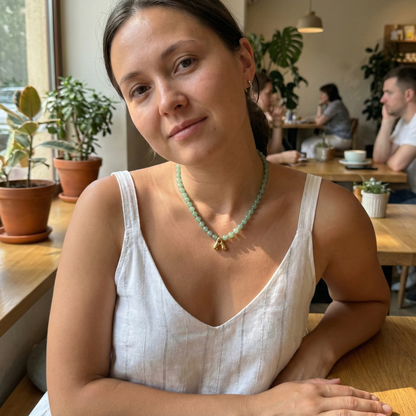 Green aventurine beaded necklace with gold bubble initial pendant & gold filled beads MXW Jewellery