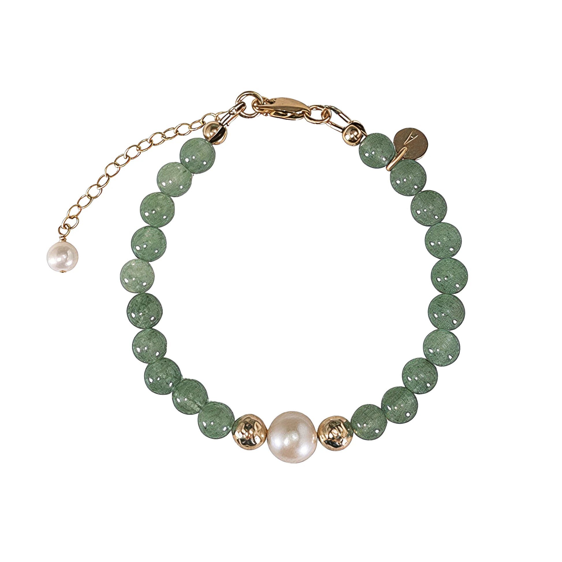 Green aventurine, pearl and initial gold bracelet featuring polished green gemstone beads, lustrous freshwater pearls and a personalised gold-filled stamped initial disc.