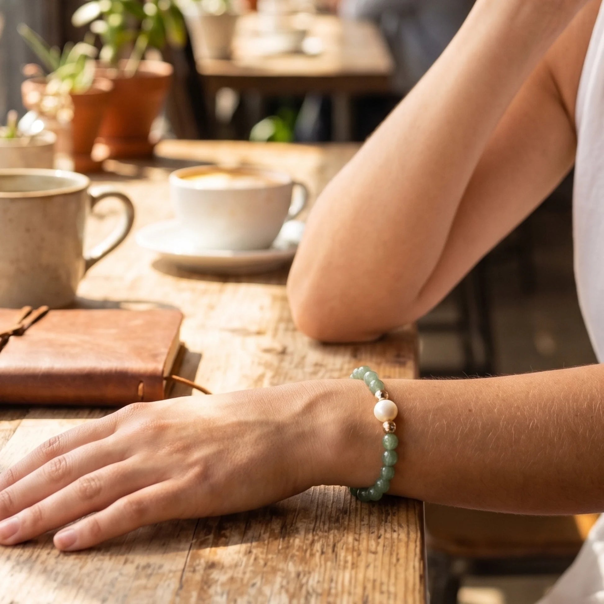 Green aventurine, pearl and initial gold bracelet featuring polished green gemstone beads, lustrous freshwater pearls and a personalised gold-filled stamped initial disc.