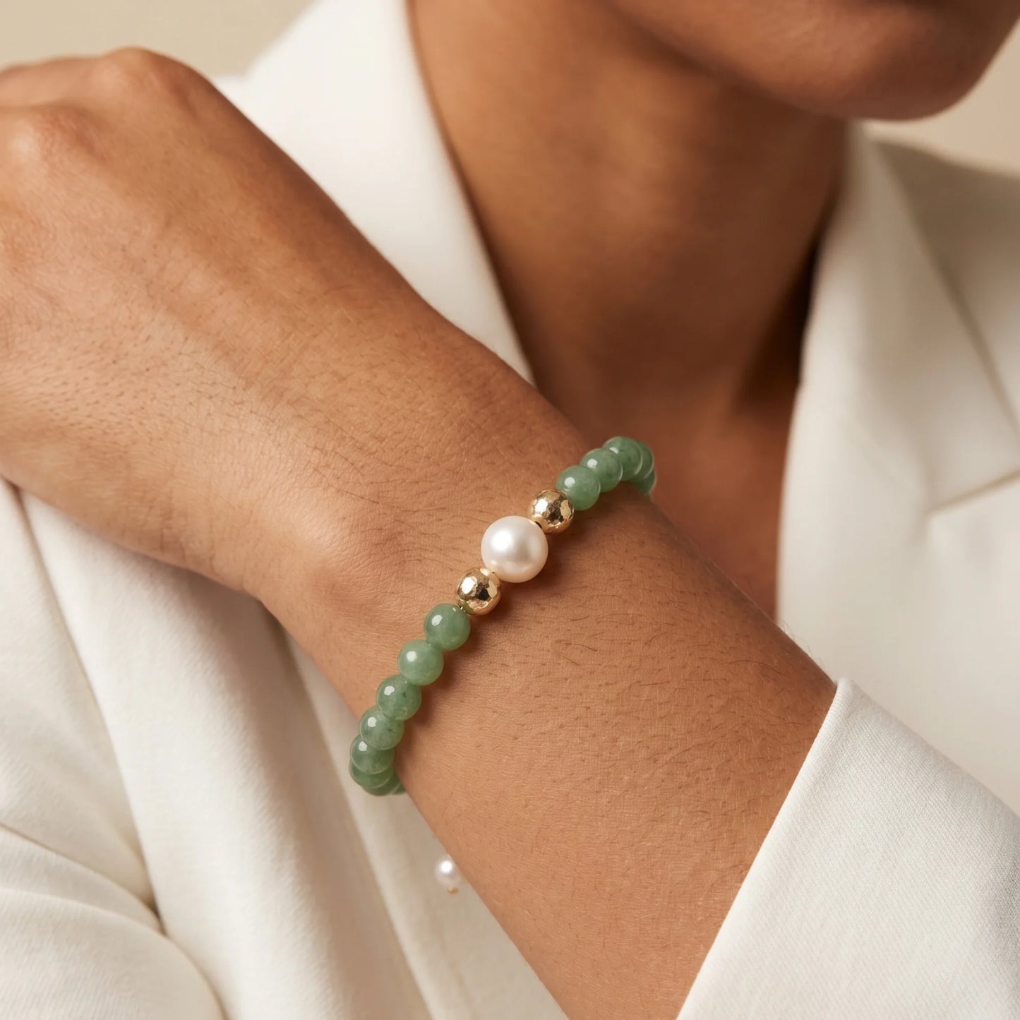 Green aventurine, pearl and initial gold bracelet featuring polished green gemstone beads, lustrous freshwater pearls and a personalised gold-filled stamped initial disc.