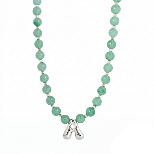 Natural green aventurine and 925 sterling silver beaded necklace with personalised bubble initial charm, hand-finished in Australia