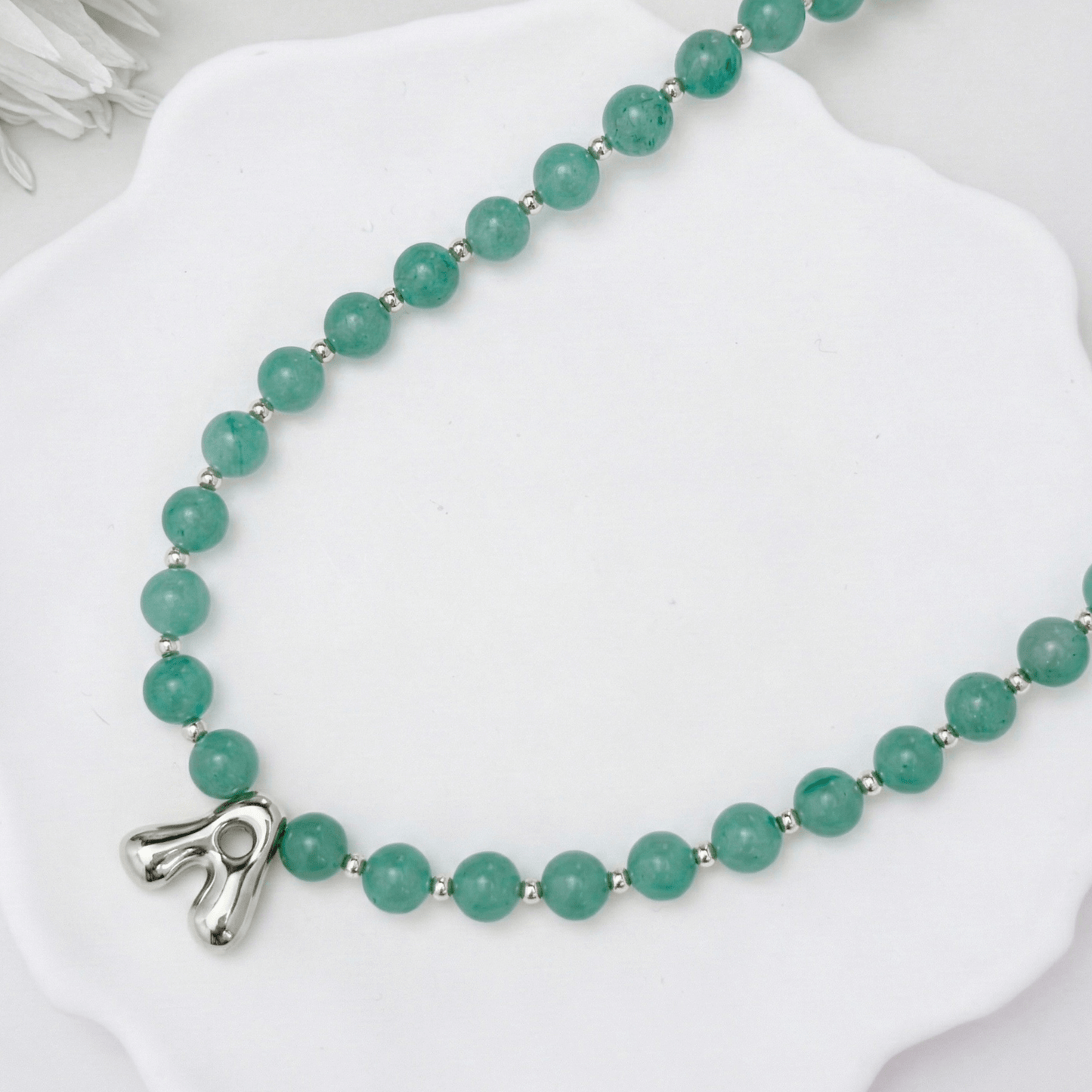 Natural green aventurine and 925 sterling silver beaded necklace with personalised bubble initial charm, hand-finished in Australia