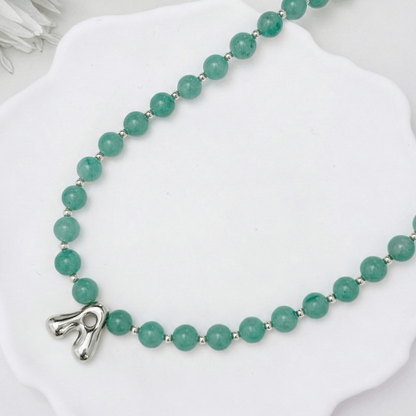 Natural green aventurine and 925 sterling silver beaded necklace with personalised bubble initial charm, hand-finished in Australia