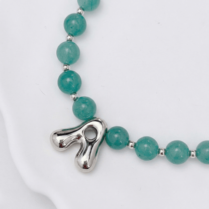 Natural green aventurine and 925 sterling silver beaded necklace with personalised bubble initial charm, hand-finished in Australia