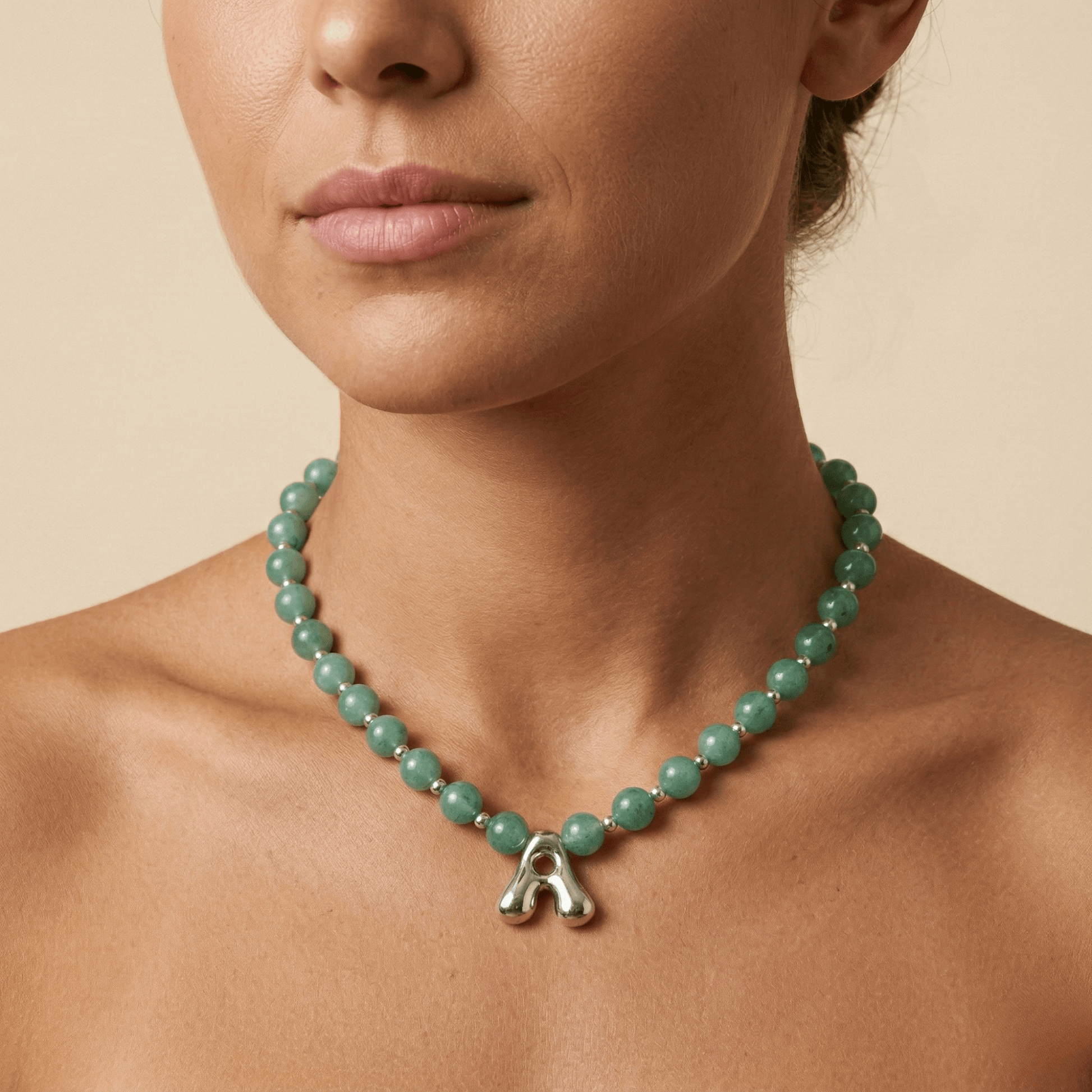 Natural green aventurine and 925 sterling silver beaded necklace with personalised bubble initial charm, hand-finished in Australia