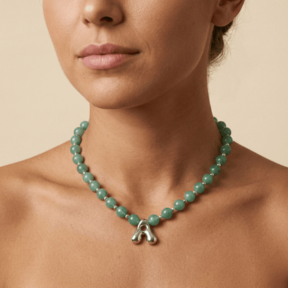 Natural green aventurine and 925 sterling silver beaded necklace with personalised bubble initial charm, hand-finished in Australia