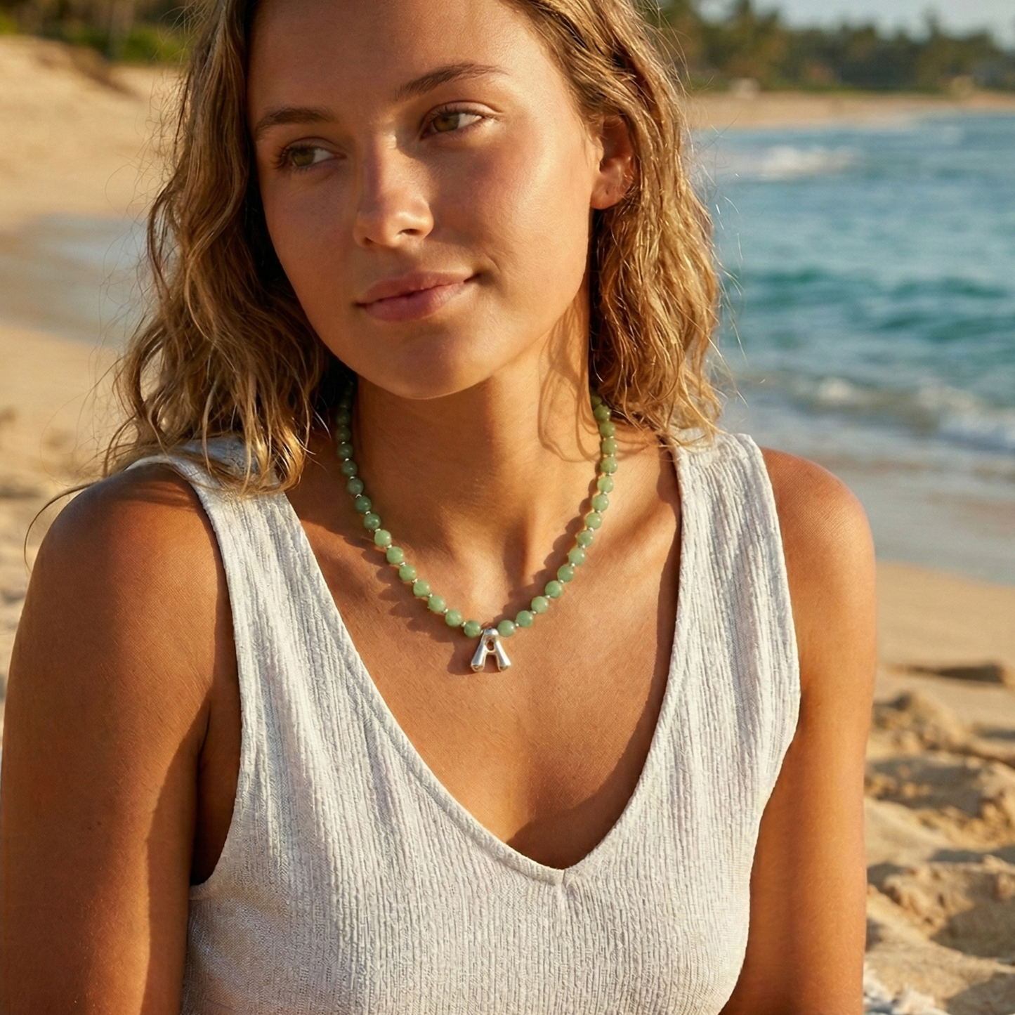 Natural green aventurine and 925 sterling silver beaded necklace with personalised bubble initial charm, hand-finished in Australia