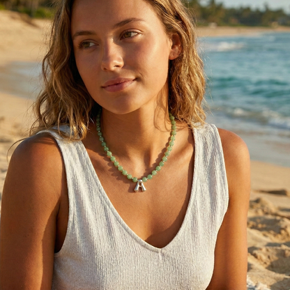 Natural green aventurine and 925 sterling silver beaded necklace with personalised bubble initial charm, hand-finished in Australia