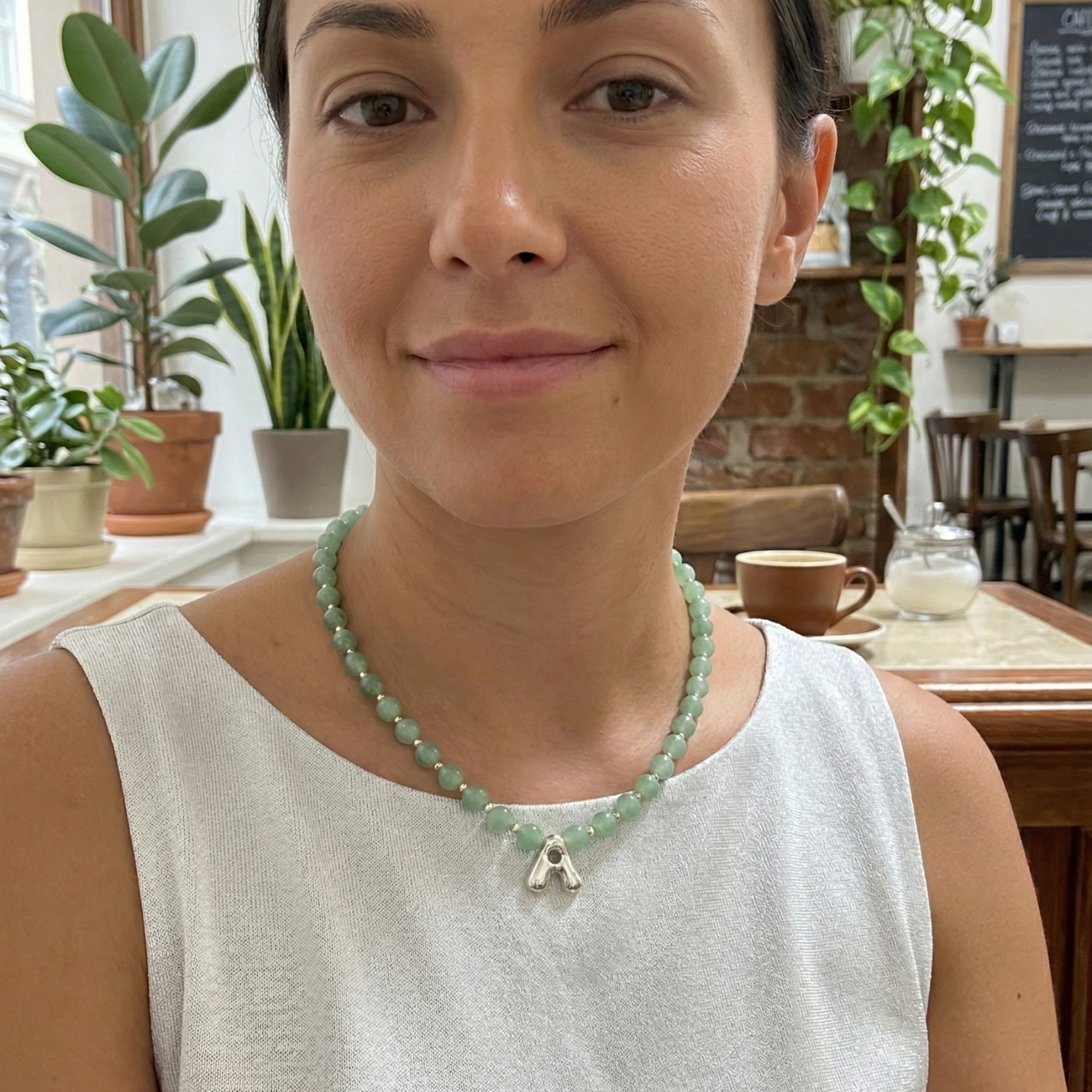 Natural green aventurine and 925 sterling silver beaded necklace with personalised bubble initial charm, hand-finished in Australia