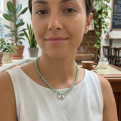 Natural green aventurine and 925 sterling silver beaded necklace with personalised bubble initial charm, hand-finished in Australia