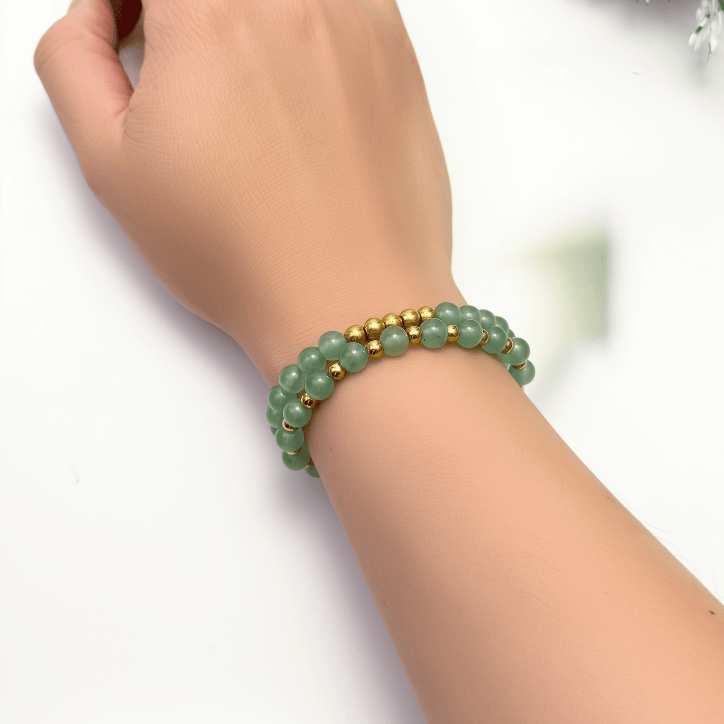 handmade green aventurine stretch bracelet set with gold accents – natural healing crystal jewellery