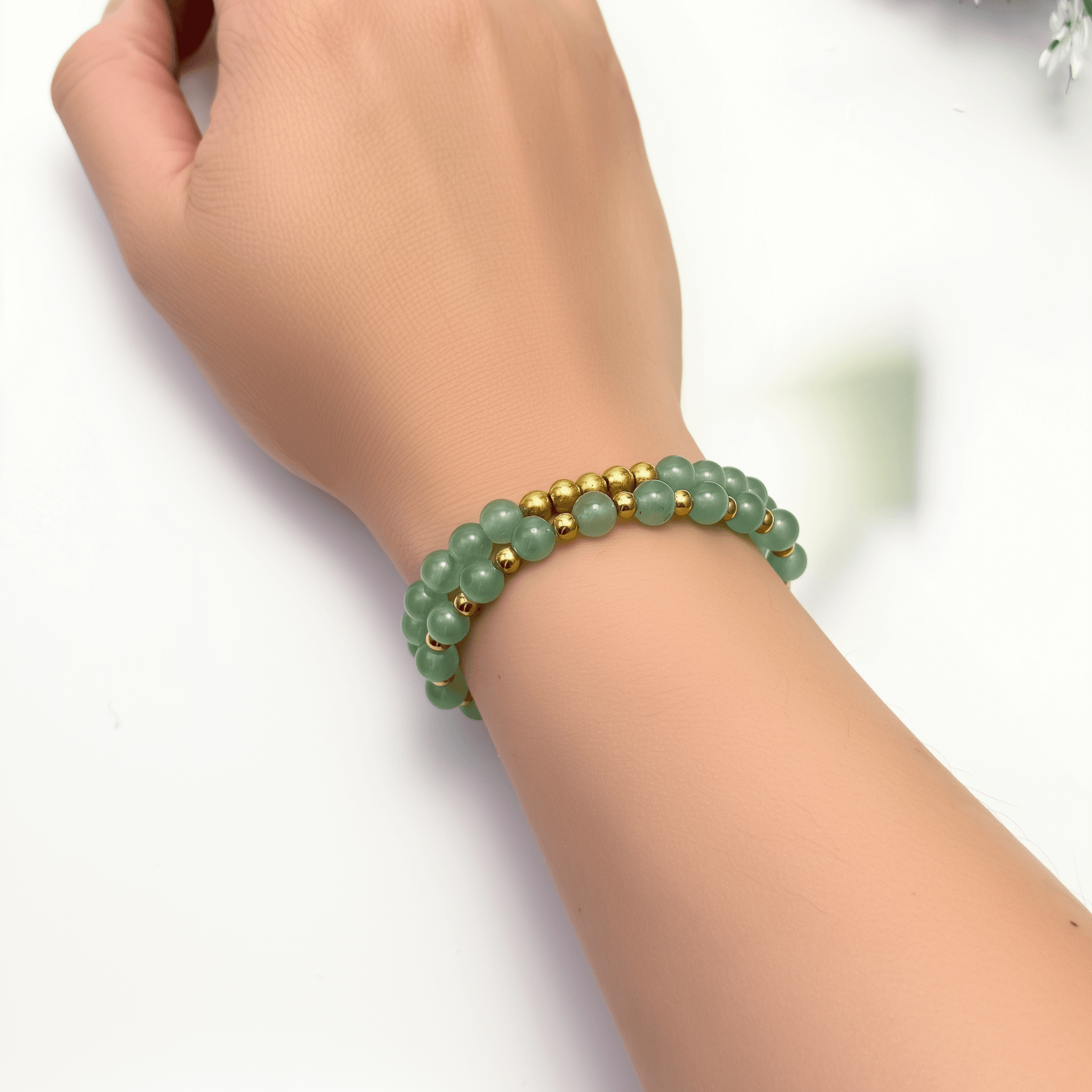 handmade green aventurine stretch bracelet set with gold accents – natural healing crystal jewellery