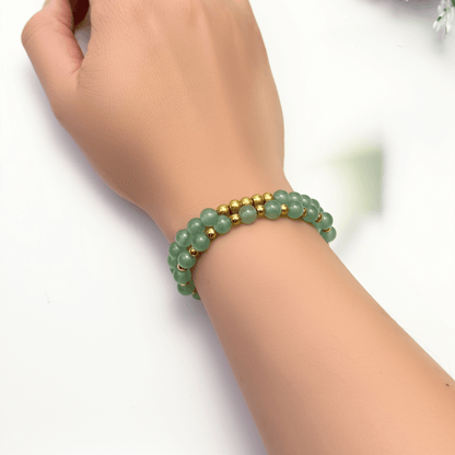 handmade green aventurine stretch bracelet set with gold accents – natural healing crystal jewellery