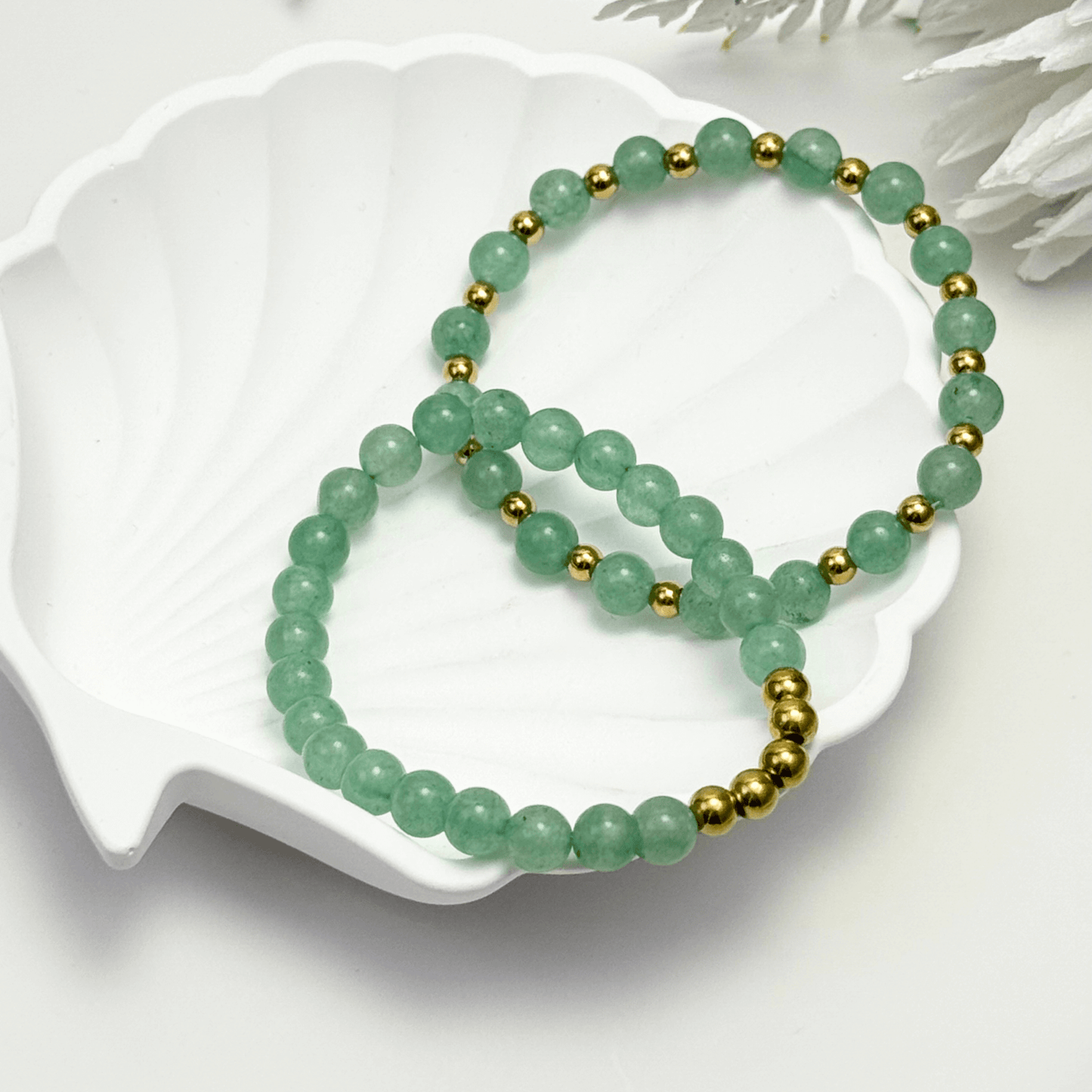 handmade green aventurine stretch bracelet set with gold accents – natural healing crystal jewellery