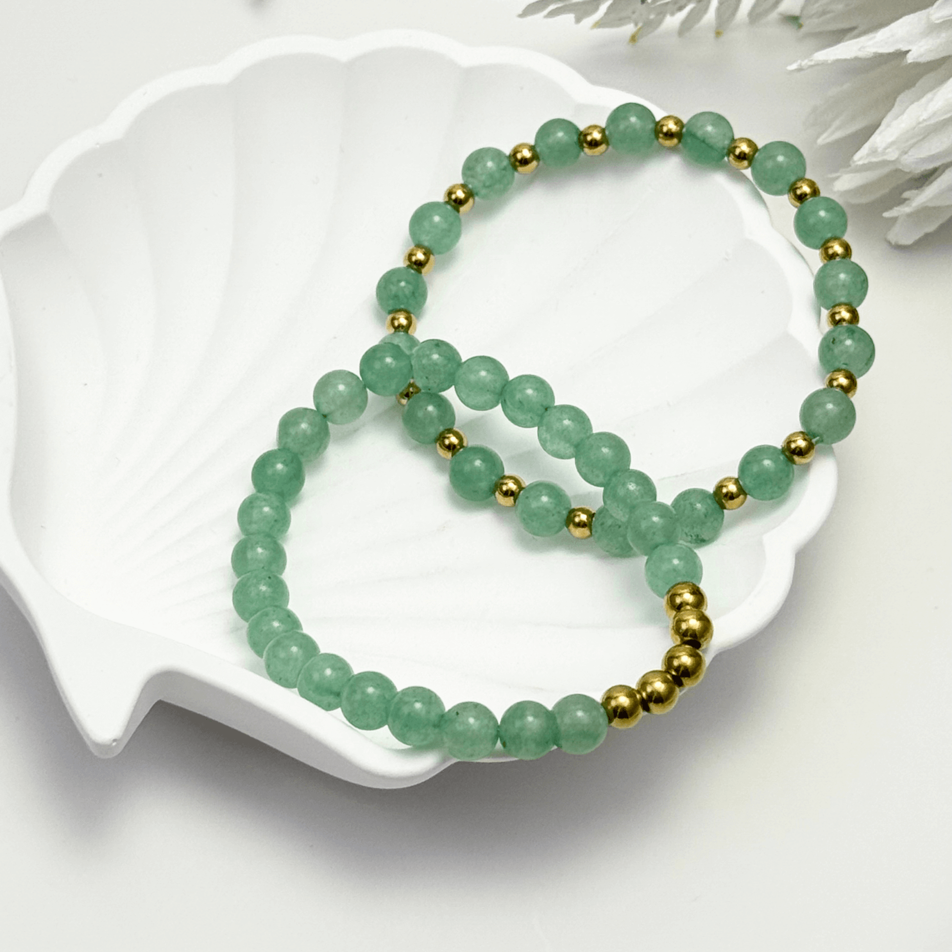 handmade green aventurine stretch bracelet set with gold accents – natural healing crystal jewellery