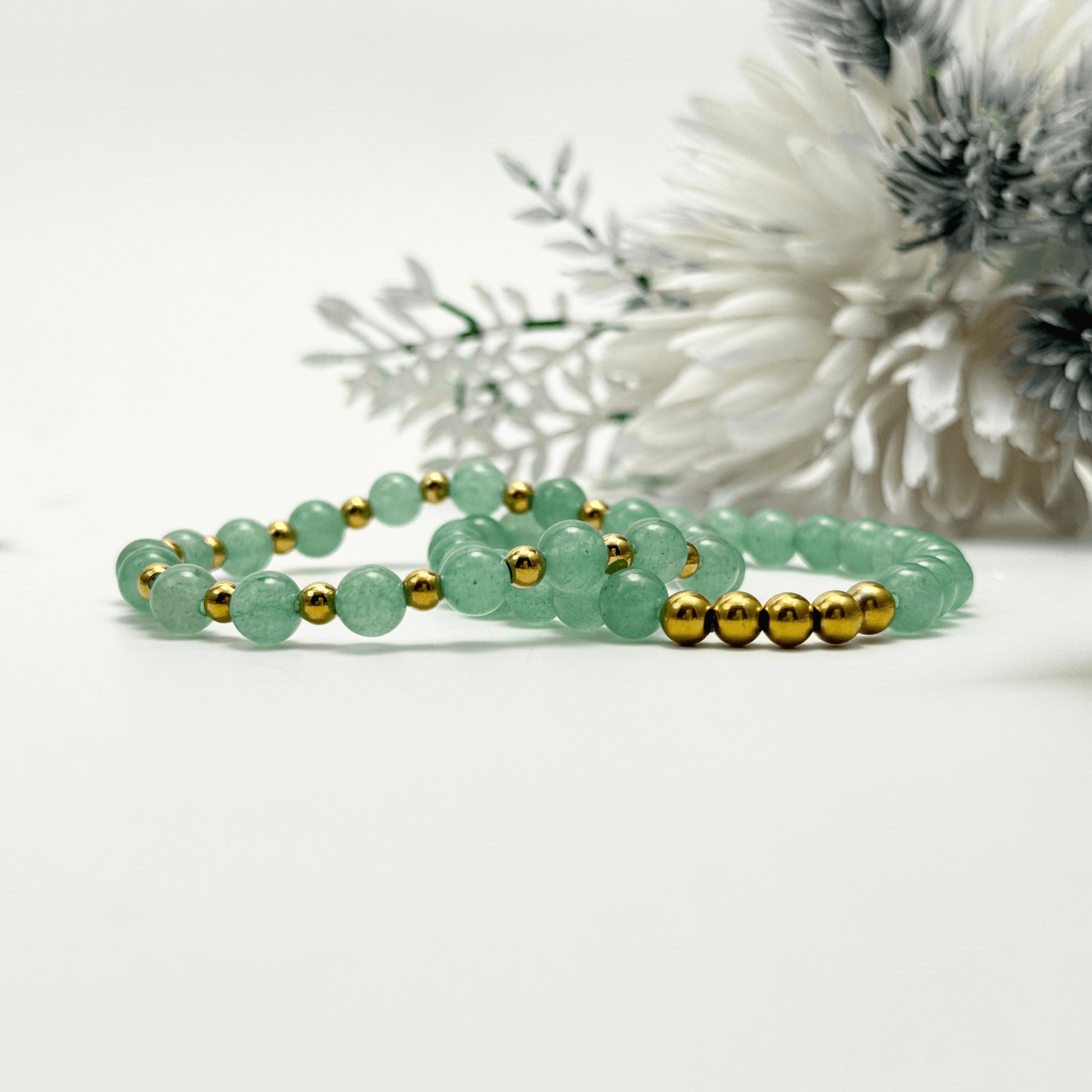 handmade green aventurine stretch bracelet set with gold accents – natural healing crystal jewellery