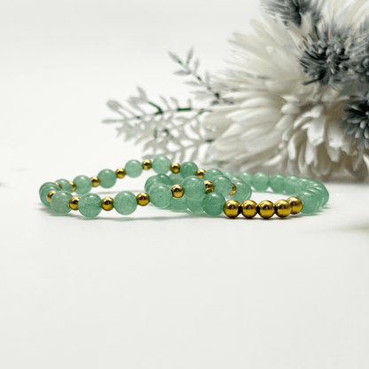 handmade green aventurine stretch bracelet set with gold accents – natural healing crystal jewellery
