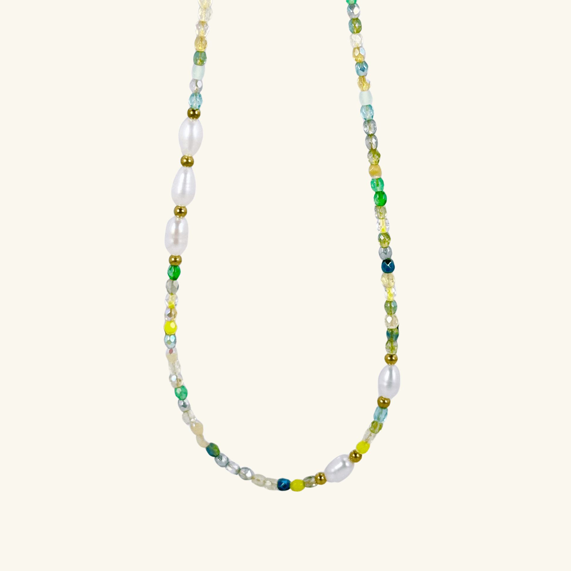 Handmade necklace with 3mm green Czech glass beads and freshwater pearls, finished with gold or silver findings.