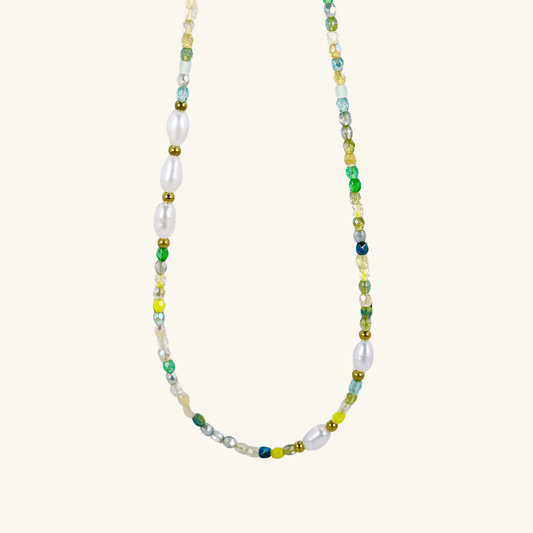 Handmade necklace with 3mm green Czech glass beads and freshwater pearls, finished with gold or silver findings.