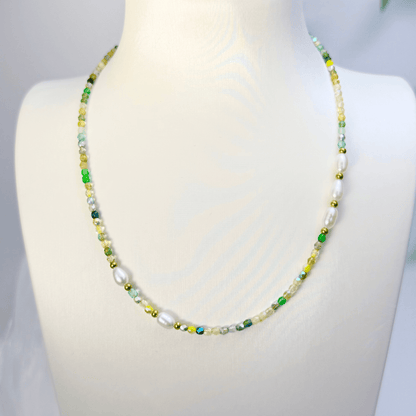 Handmade necklace with 3mm green Czech glass beads and freshwater pearls, finished with gold or silver findings.