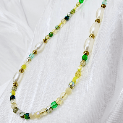 Handmade necklace with 3mm green Czech glass beads and freshwater pearls, finished with gold or silver findings.