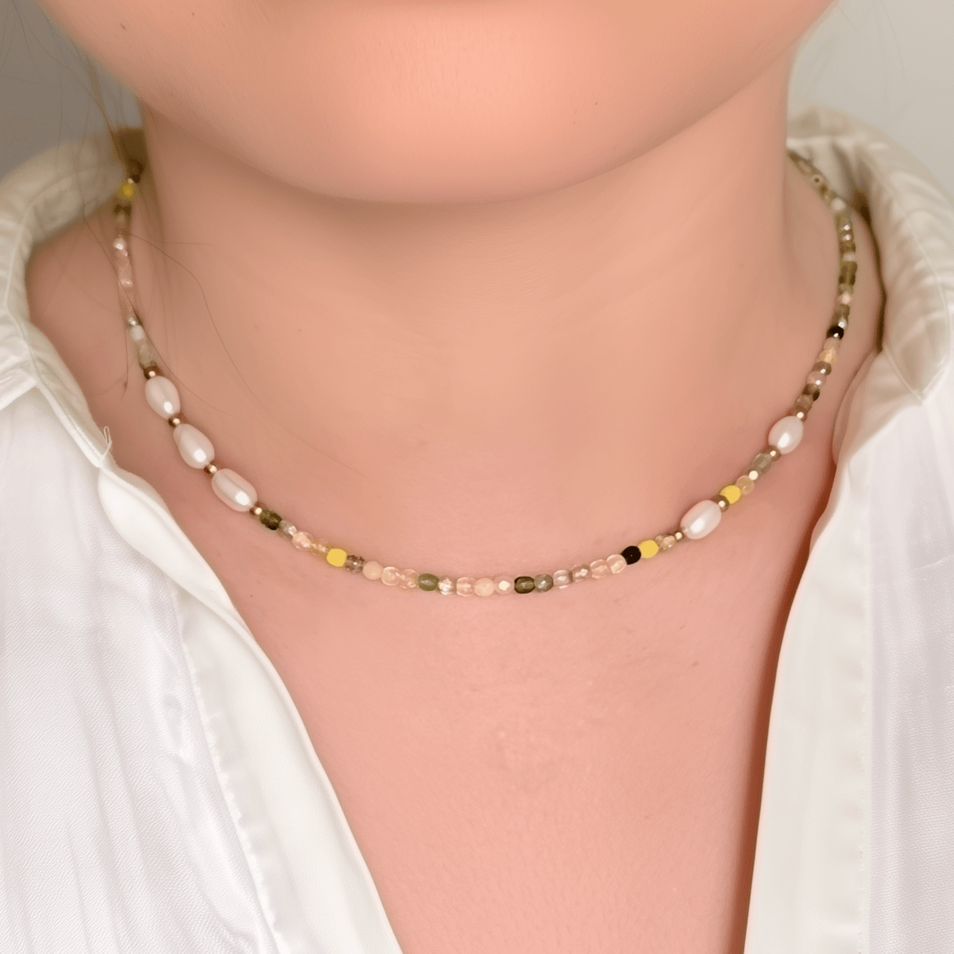 Handmade necklace with 3mm green Czech glass beads and freshwater pearls, finished with gold or silver findings.