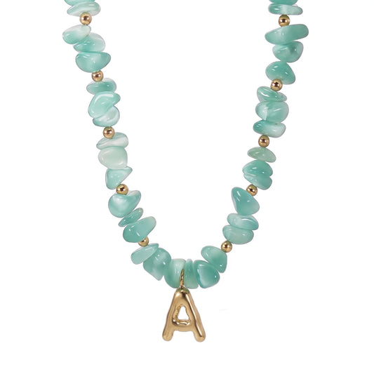 MXW Jewellery Green moonstone beaded necklace with a 14K gold filled bubble initial pendant.