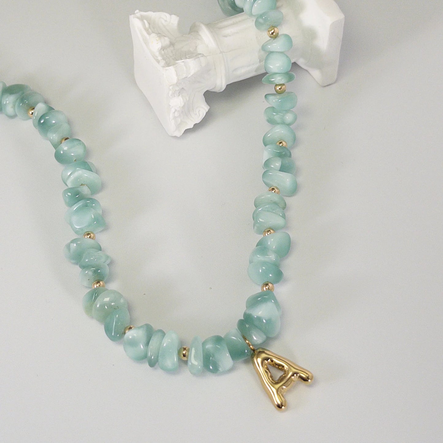 MXW Jewellery Green moonstone beaded necklace with a 14K gold filled bubble initial pendant.