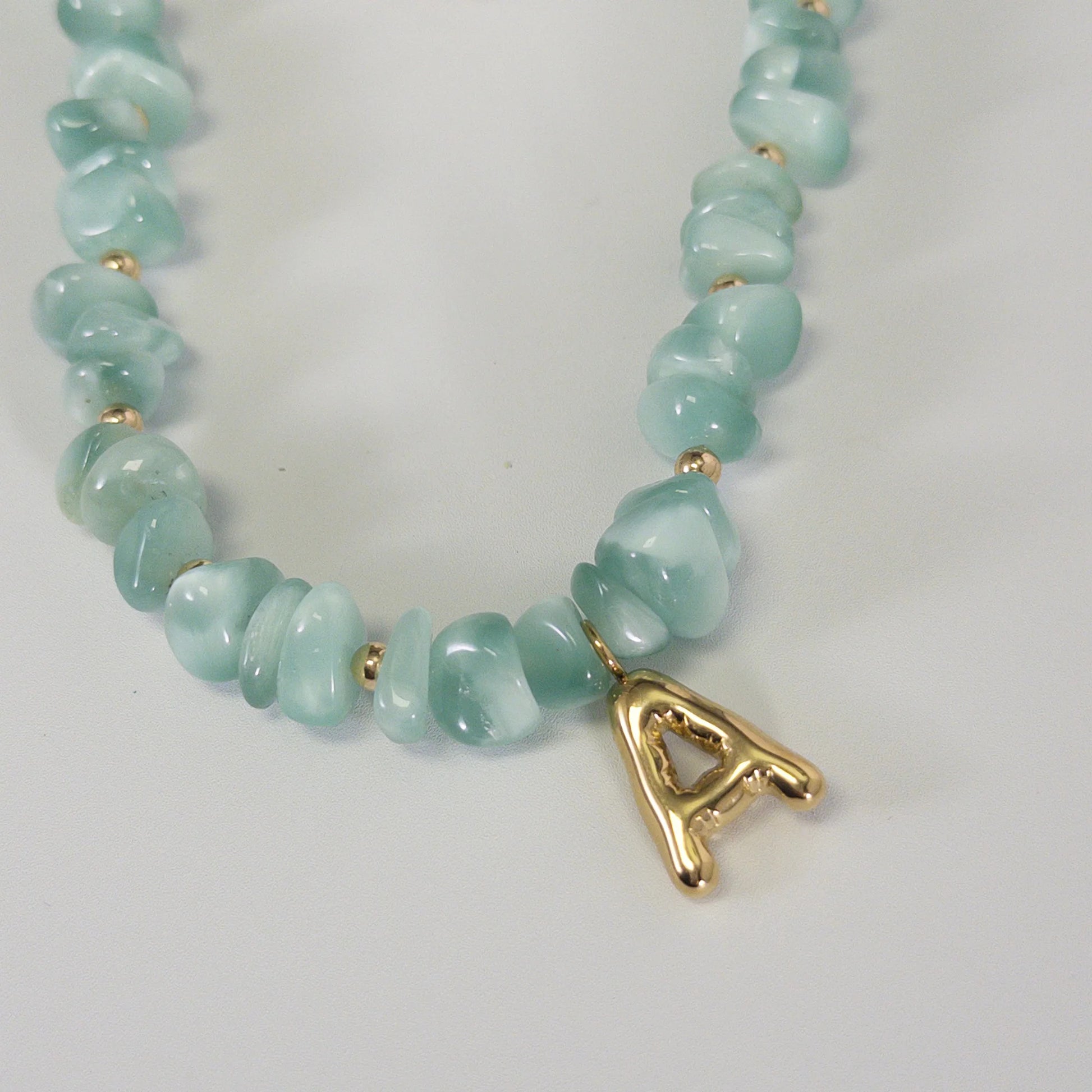 MXW Jewellery Green moonstone beaded necklace with a 14K gold filled bubble initial pendant.