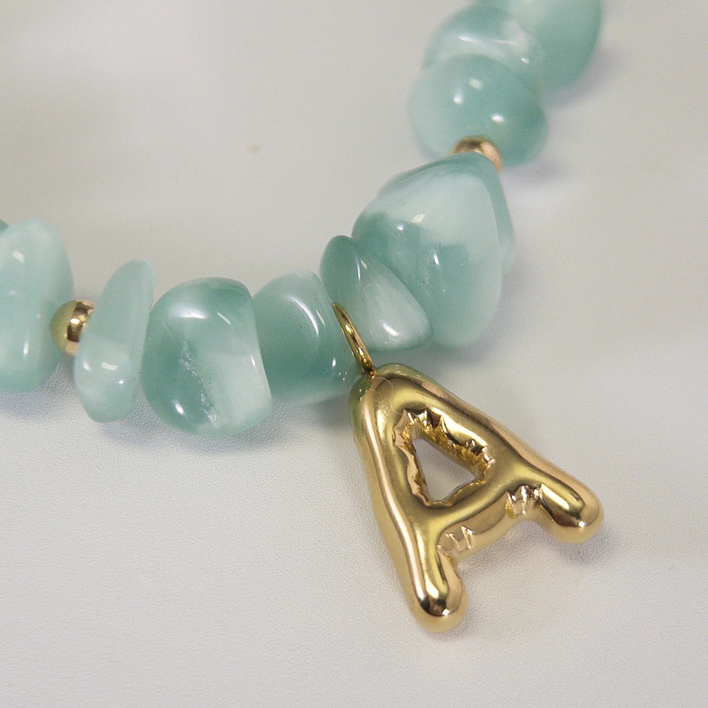 MXW Jewellery Green moonstone beaded necklace with a 14K gold filled bubble initial pendant.