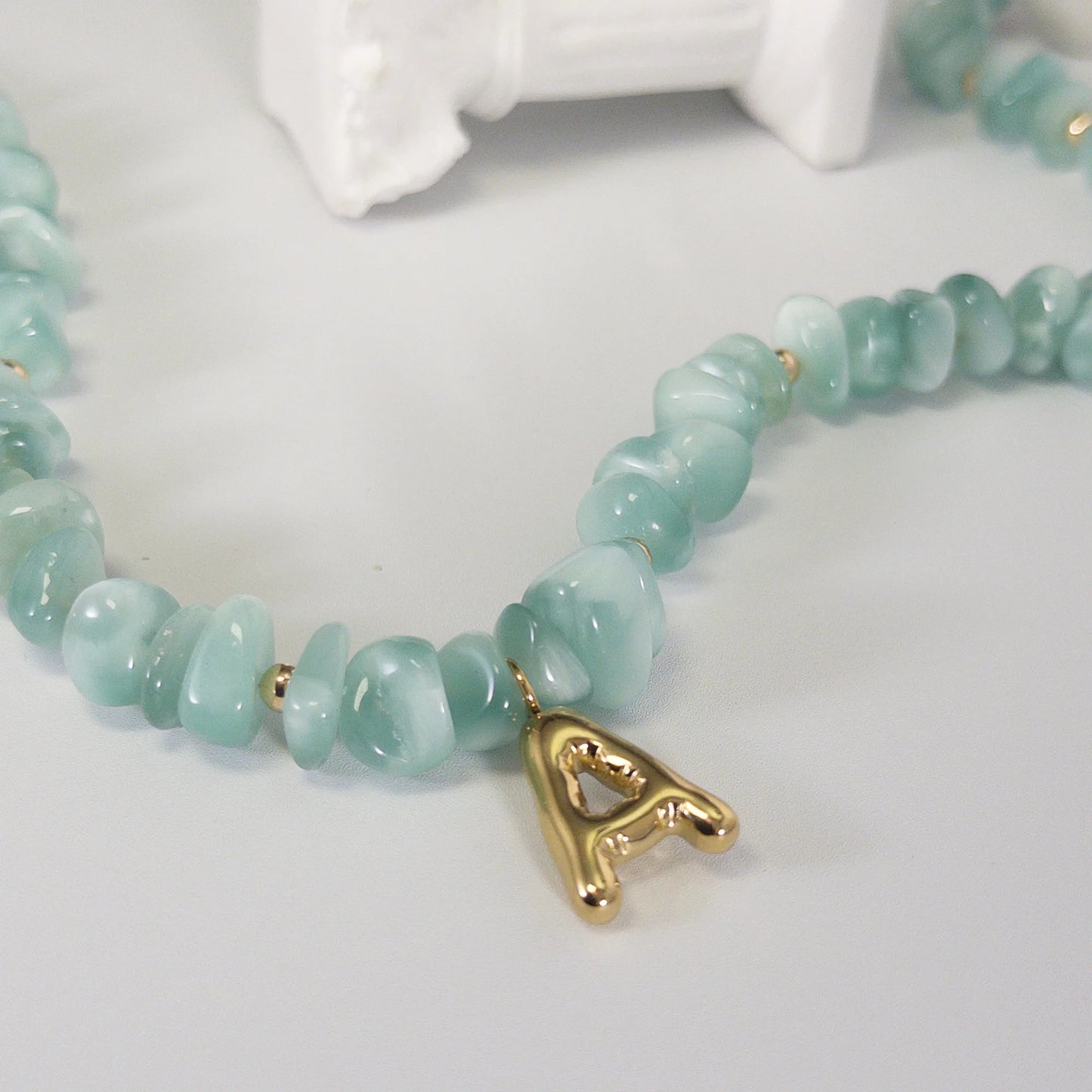 MXW Jewellery Green moonstone beaded necklace with a 14K gold filled bubble initial pendant.