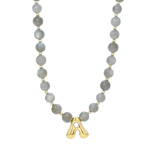 Natural grey moonstone and 14K gold filled beaded necklace with personalised bubble initial charm, hand-finished in Australia