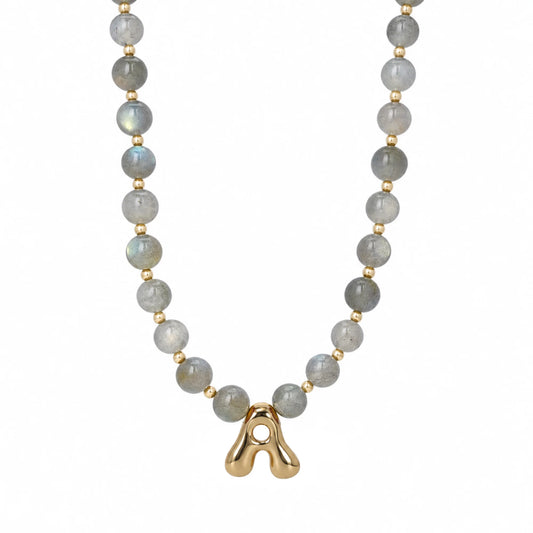 Natural grey moonstone and 14K gold filled beaded necklace with personalised bubble initial charm, hand-finished in Australia