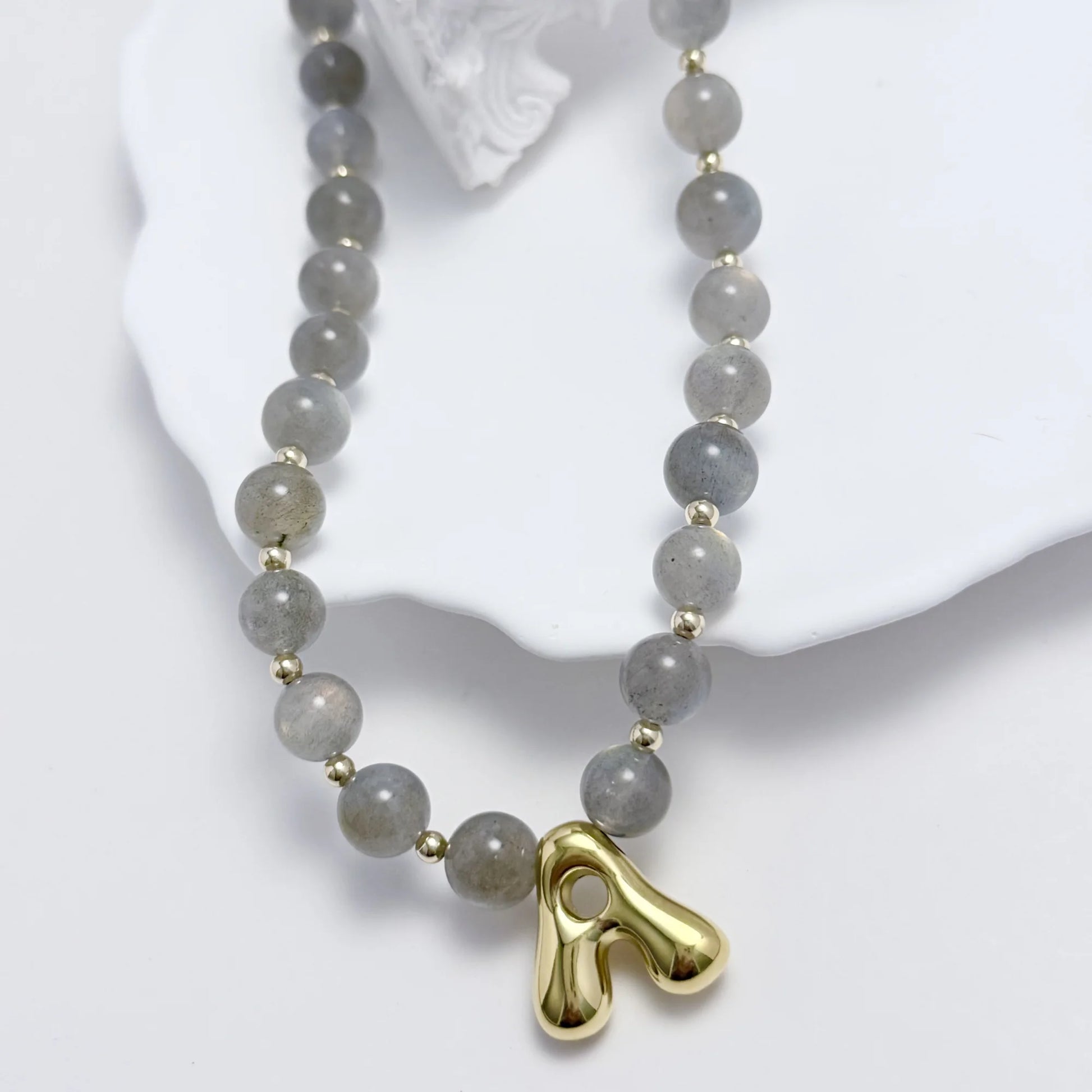 Natural grey moonstone and 14K gold filled beaded necklace with personalised bubble initial charm, hand-finished in Australia