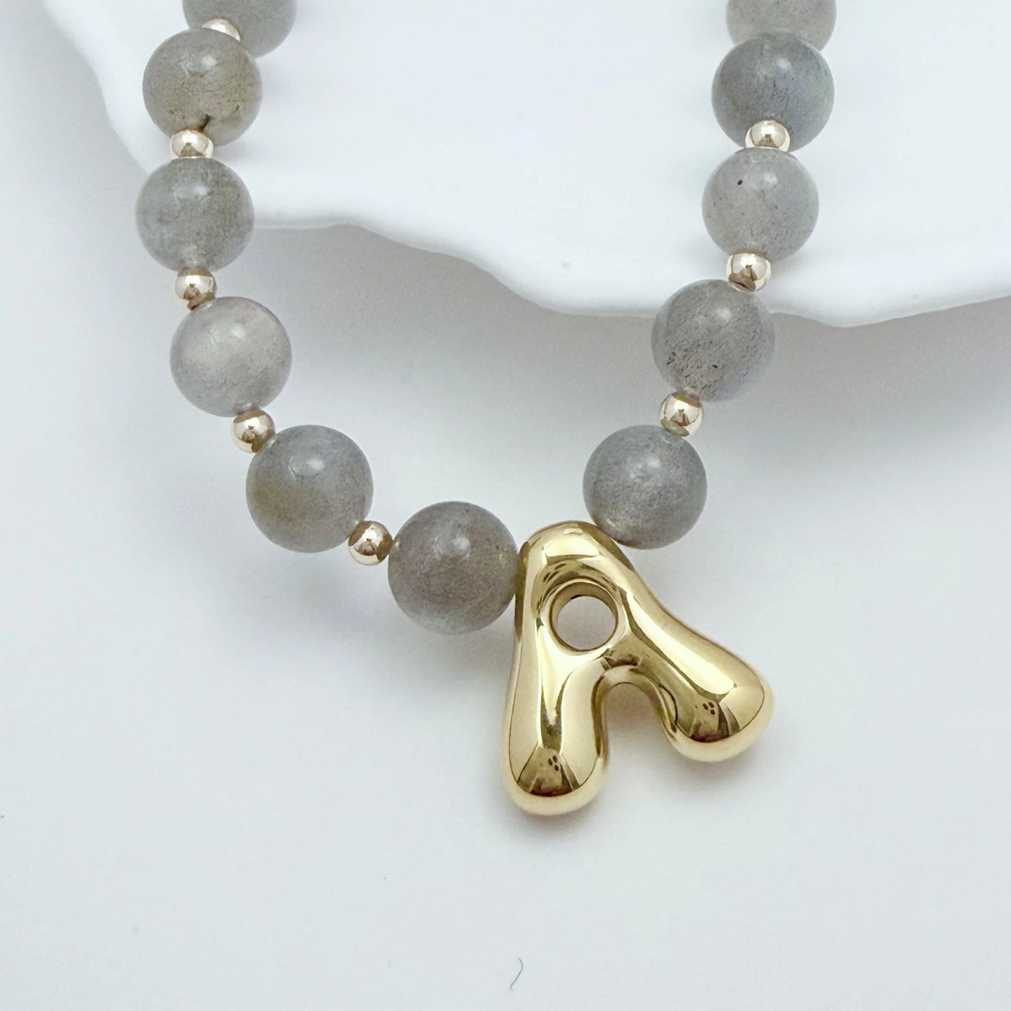 Natural grey moonstone and 14K gold filled beaded necklace with personalised bubble initial charm, hand-finished in Australia
