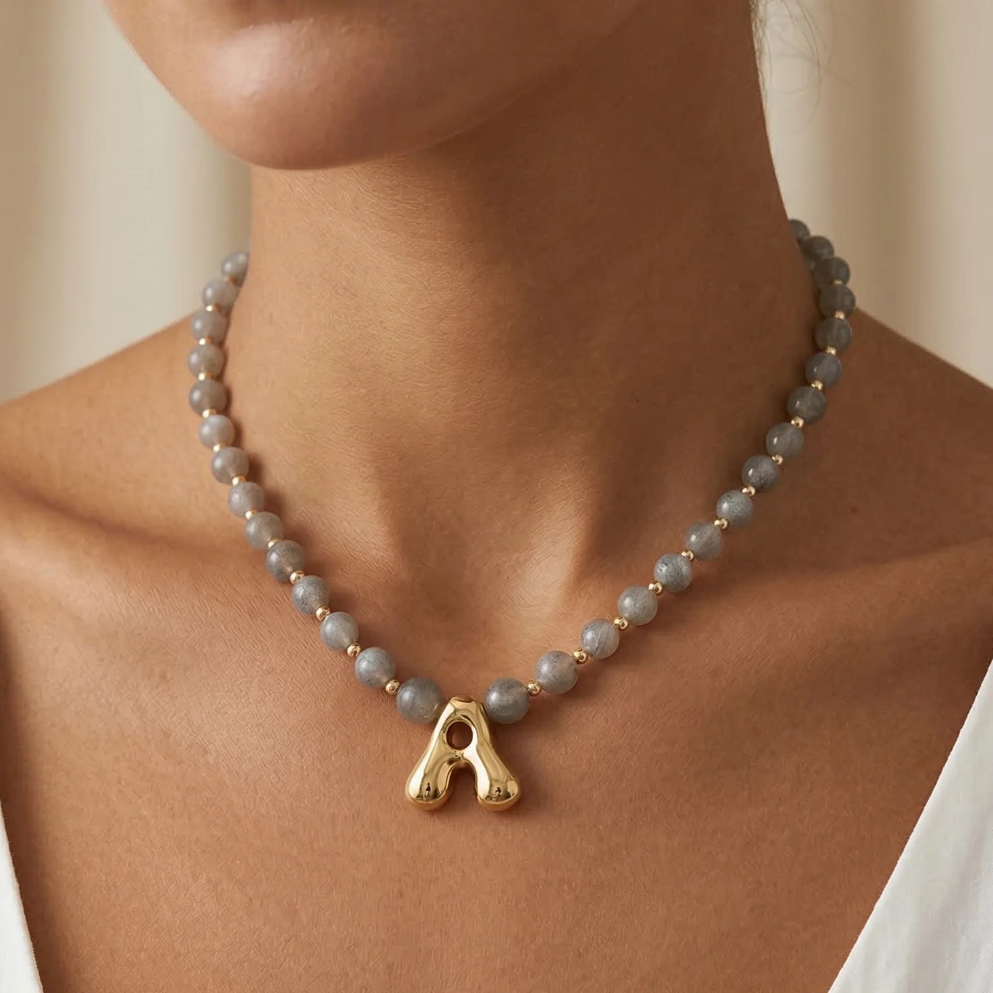 Natural grey moonstone and 14K gold filled beaded necklace with personalised bubble initial charm, hand-finished in Australia