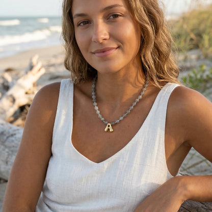 Natural grey moonstone and 14K gold filled beaded necklace with personalised bubble initial charm, hand-finished in Australia