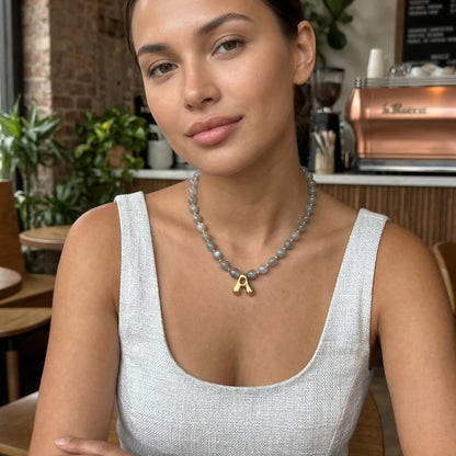 Natural grey moonstone and 14K gold filled beaded necklace with personalised bubble initial charm, hand-finished in Australia