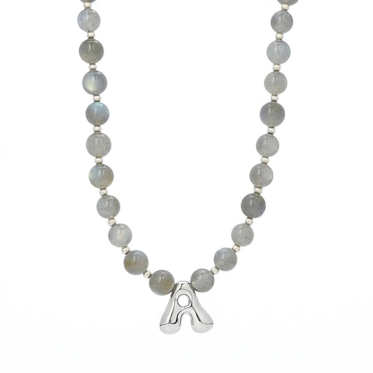 Premium natural grey moonstone and 925 sterling silver beaded necklace with personalised bubble initial charm, hand-finished in Australia